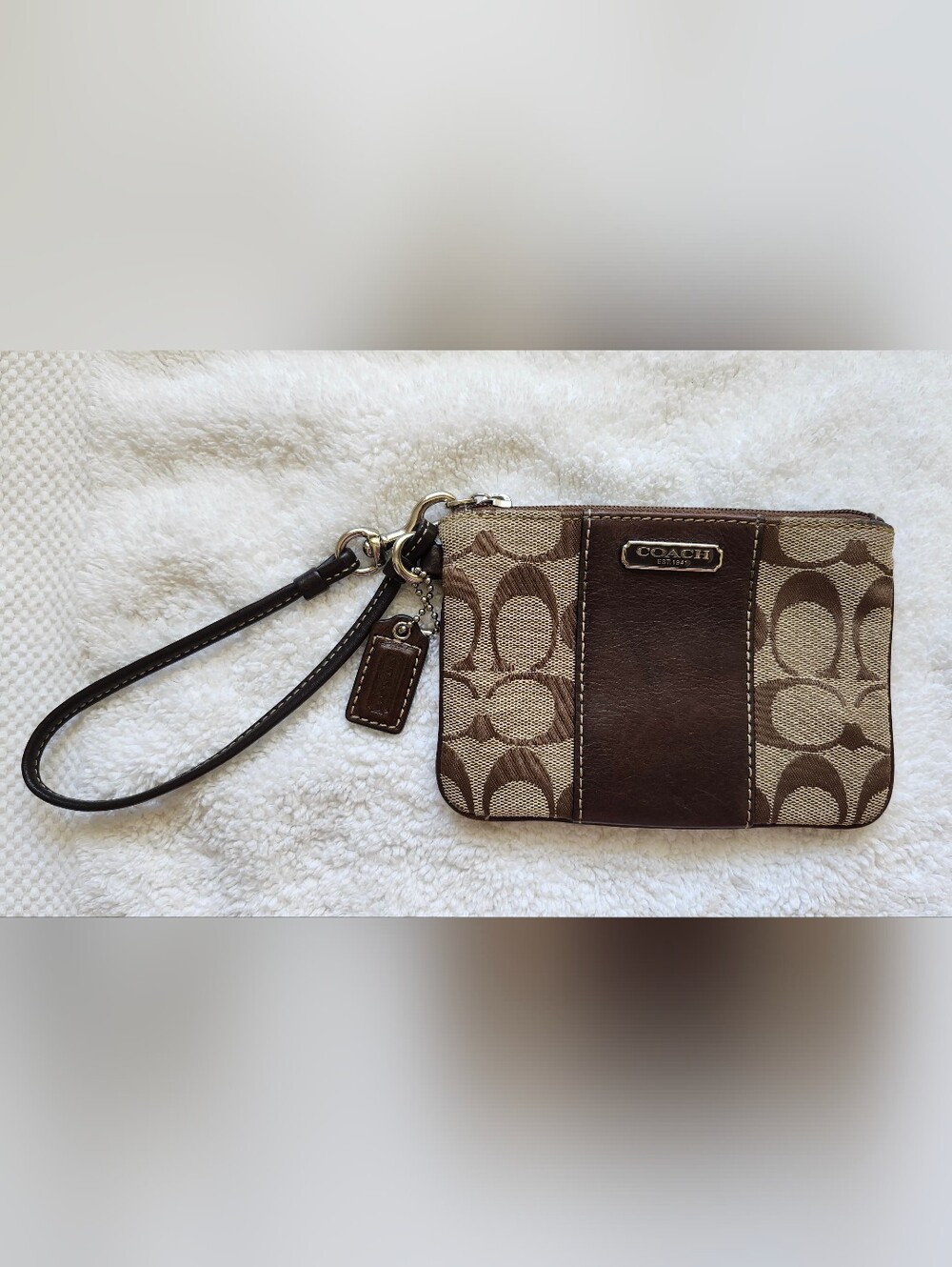 Coach Signature Khaki/Mahogany Stripe Small Wristlet Style 42180
